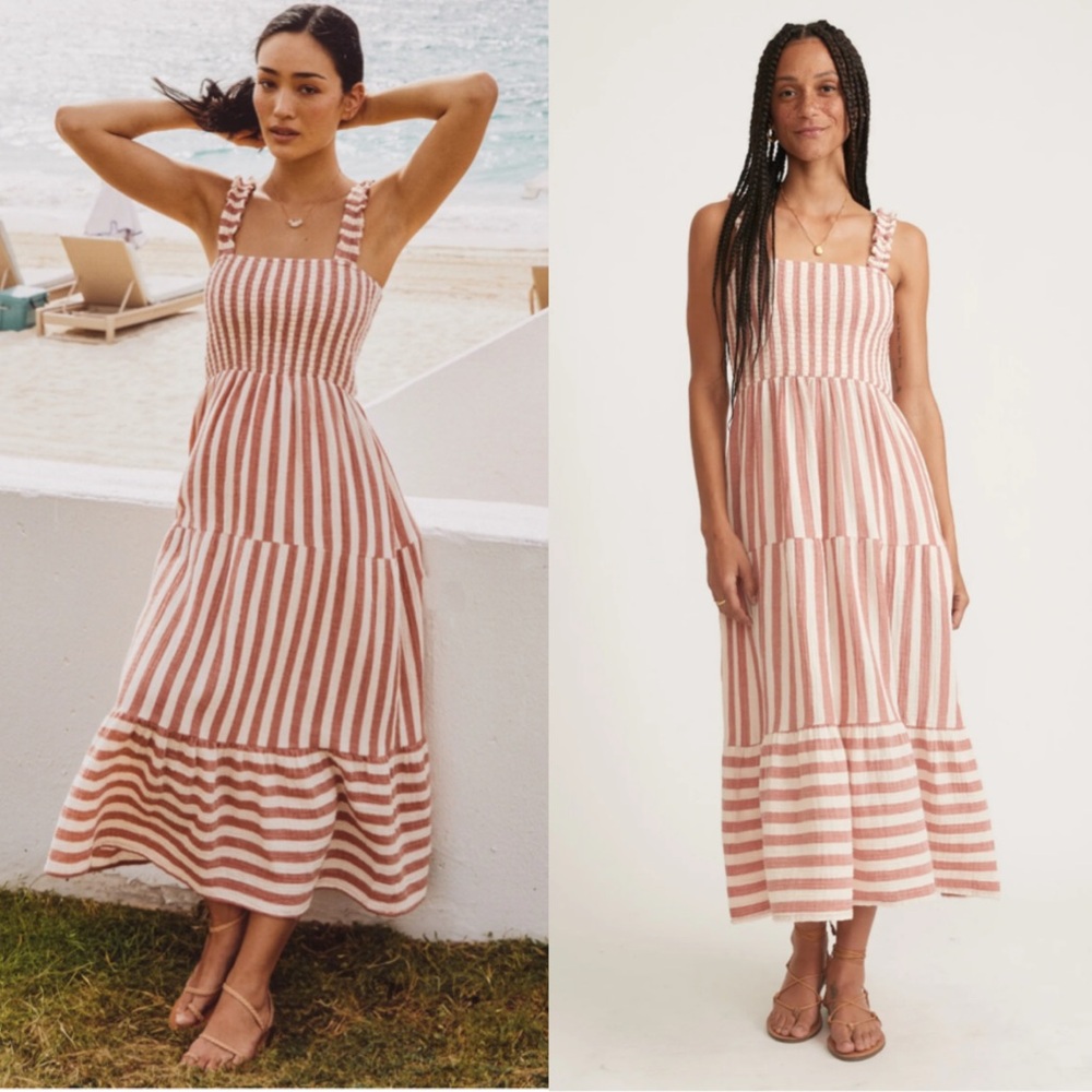 Marine Layer Selene Smocked Tiered Maxi Dress Stripe Beachy Boho Preppy Womens L